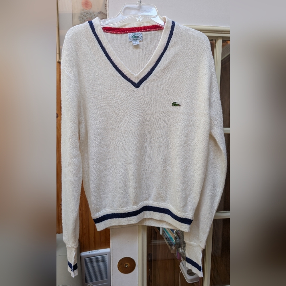 Izod V-Neck Sweater in White and Blue